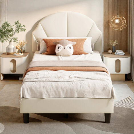 Cama individual 90x200 cm, cama individual con cabecero ajustable, cama infantil tapizada con respaldo suave, terciopelo, beige