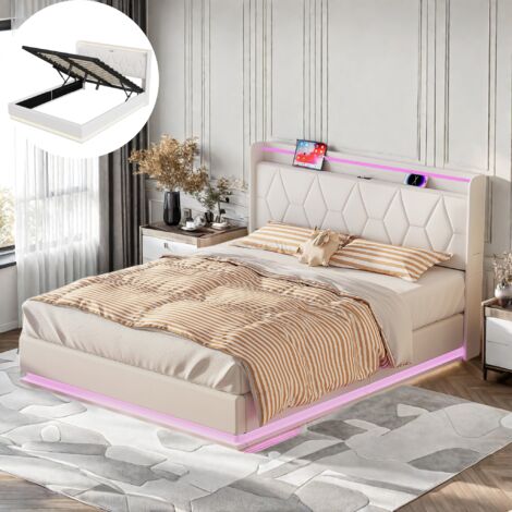 Cama matrimoniales 140x200 cm con almacenamiento, cama tapizada, con LED y USB, diseño moderno, terciopelo, blanco