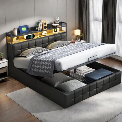 Cama matrimoniales 140x190 con almacenamiento, cama tapizada, LED ajustable, USB y Tipo-C, respaldo suave, diseño moderno,PU, negro