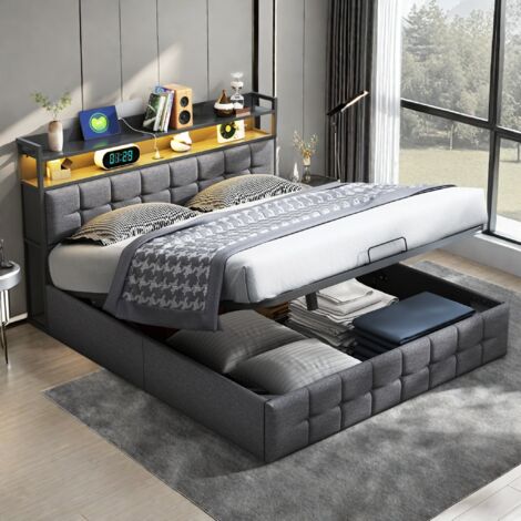 Cama matrimoniales 140x190 con almacenamiento, cama tapizada, LED ajustable, USB y Tipo-C, respaldo suave, diseño moderno,lino, gris