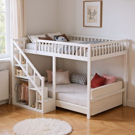 Cama alta 140x200 con cajones en la escalera, litera infantil, cama alta doble, cama juvenil, barandilla de seguridad, madera maciza, blanco