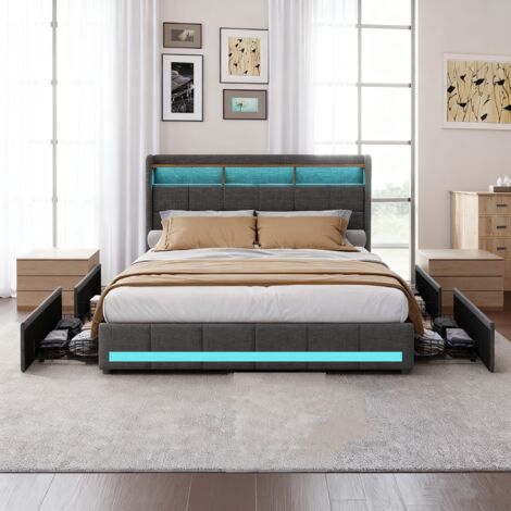 Cama 140x190 cm, cama para adultos con cajones, cama doble tapizada, respaldo suave, USB y LED ajustable, lino, madera, gris