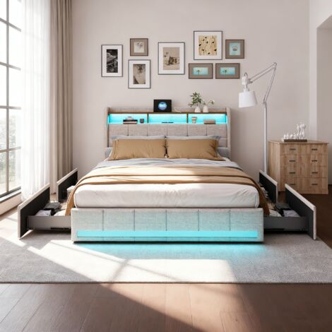 Cama adultos 160x200 cm con cajones, respaldo suave, compartimento de almacenamiento y USB recargable, LED ajustable, lino, madera, beige
