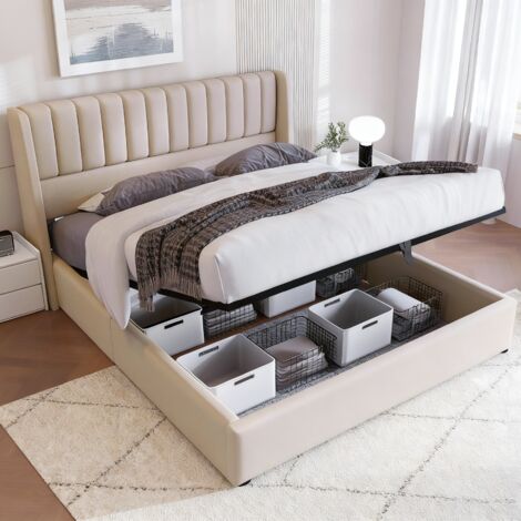 Cama matrimonio 160x200 con almacenamiento, cama para adultos, cama tapizada, estilo moderno, cabecero de diseño, tela de lino, beige