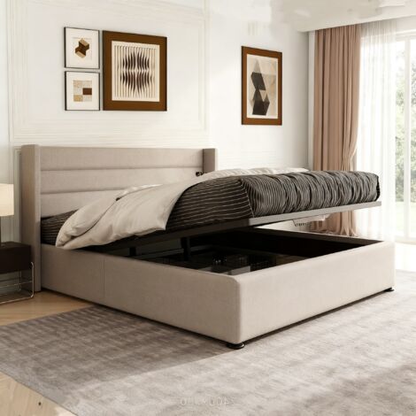 Cama matrimonio 160x200 con almacenamiento, cama para adultos, cama moderna, cama tapizada, tela de lino, beige