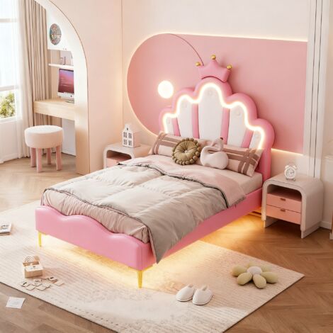Cama princesa 90x200 cm, cama infantil para niñas, cama individual con corona, somier de láminas, PU, rosa