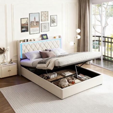 Cama 160 x 200 con almacenamiento, cama para adultos, cama doble tapizada, con USB y USB-C, LED ajustable, terciopelo, beige