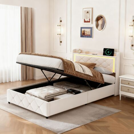 Cama 90x200 cm,cama para adultos, cama individual, cama tapizada, con USB y USB-C, LED ajustable, terciopelo, beige