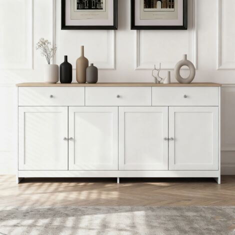 Aparador de madera blanco - 160x37x75 cm - Estilo rústico moderno - Cuatro puertas y tres cajones - Perfecto para salón o comedor