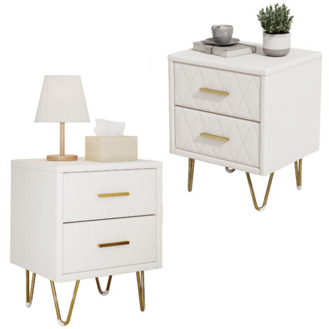 Lote de 2 mesitas de noche con cajones - 41x35,5x51 cm - Patas de metal - Beige - PU