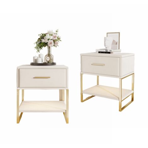 Juego de mesitas de noche de terciopelo beige de 2 piezas - 40x31x50 cm - Un cajón + iluminación LED ajustable - Soporte metálico