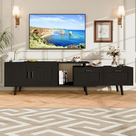 Mueble TV 180 cm negro, mueble TV extensible ratán salón, 146-180 x 30 x 44 cm, con almacenaje y dos cajones, estilo escandinavo