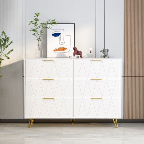 Cómoda blanca 6 cajones - 100x34x72,5 cm - Tiradores y patas metálicas - Para dormitorios y salones