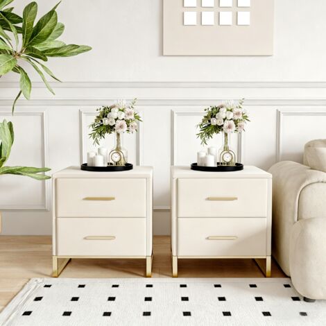 Juego de 2 mesitas de noche de terciopelo beige - 40x40x50 cm - dos cajones + patas metálicas - para salón y dormitorio