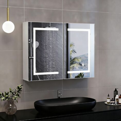 Espejos de baño con luz con compartimento - 80x13.5x60 cm - LED ajustable, espejo HD, tres colores ajustables, control táctil inteligente