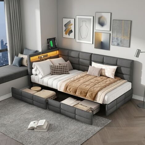Cama 90x200, Cama 90x200 con cajones, Cama para adultos, Cama individual, Cama tapizada, Cama de invitados, con somier de láminas, iluminación LED y puertos USB, Tela de lino, Gris