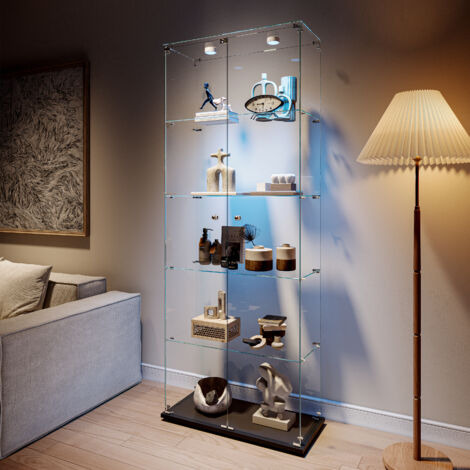 Vitrina de cristal vidrio templado con 5 estantes, Expositor multifuncional con puertas dobles, Tirador metálico y cerradura de llave, iluminación regulable, base negra, 78,5x34,5x186,5 cm