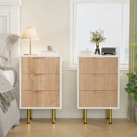 Lote de 2 mesitas de noche blancas - 40x40x65 cm - 3 cajones - Diseño ondulado - Madera blanca
