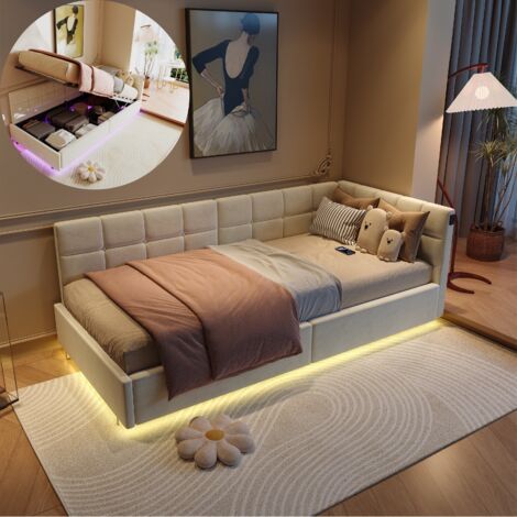 Cama 90x200 cm con almacenamiento, sofá cama 90x200 cm, cama individual, cama tapizada, cama de invitados, iluminación LED ajustable bajo la cama, puerto USB + Tipo C, terciopelo, beige