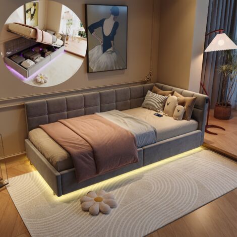 Cama 90x200 cm con almacenamiento, sofá cama 90x200 cm, cama individual, cama tapizada, cama de invitados, iluminación LED ajustable bajo la cama, puerto USB + Tipo C, terciopelo, gris