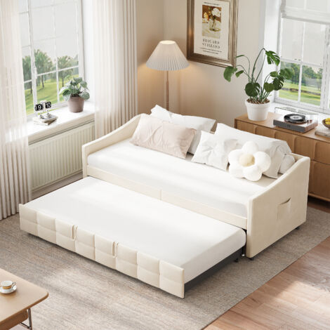 Cama nido 90/180x200, sofá cama, cama de invitados, con bolsillos laterales, somier de láminas, terciopelo, beige