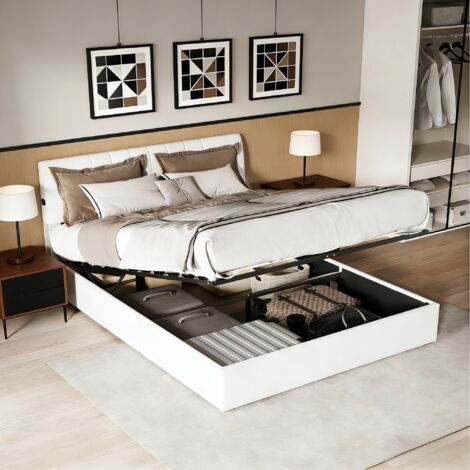 Cama matrimoniales 140x190, cama 140x190 con almacenamiento, cama para adultos, cama tapizada, puerto USB, terciopelo Teddy, blanco