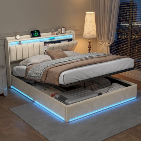 Cama matrimoniales 160x200 con almacenamiento, cama tapizada, cama para adultos, espacio de almacenaje en el cabecero, iluminación LED ajustable, puertos USB y Tipo C, terciopelo, beige