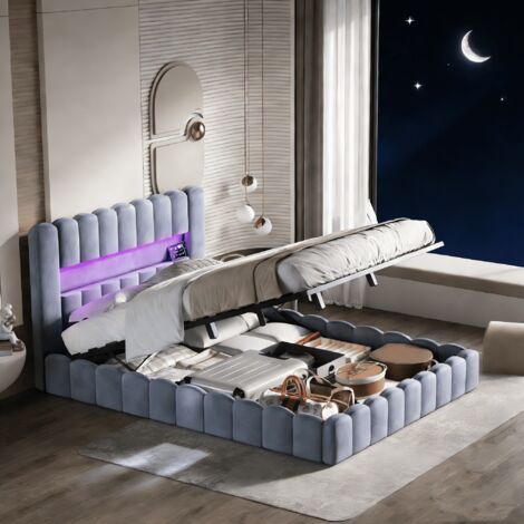 Cama matrimoniales 160x200 con con almacenamiento, cama para adultos, cama tapizada, con iluminación LED ajustable, USB + Tipo C, terciopelo, gris