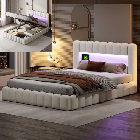 Cama matrimoniales 180x200 con con almacenamiento, cama para adultos, cama tapizada, con iluminación LED ajustable, USB + Tipo C, lino, beige