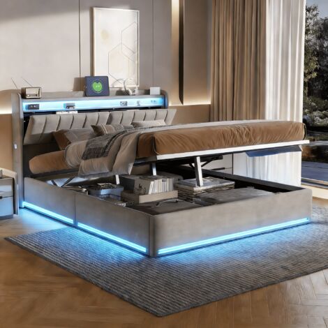 Cama matrimoniales 160x200 con almacenamiento, cama para adultos, cama tapizada, espacio de almacenaje en el cabecero, iluminación LED ajustable, puertos USB y Tipo C, terciopelo, gris