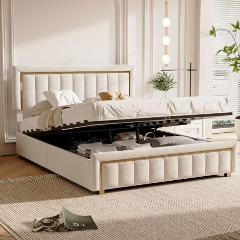 Cama matrimoniales 140x190 cm con almacenamiento, cama para adultos, cama tapizada, con cabecero dorado, estilo contemporáneo, tela de terciopelo, beige
