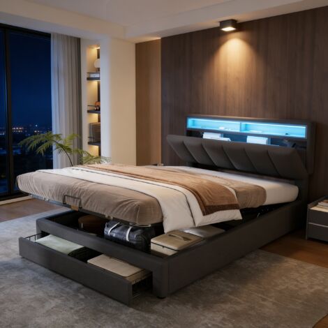 Cama 140x190 cm con almacenamiento, cama matrimoniales 140x190, cama para adultos, cama tapizada, cabecero con espacio de almacenaje, iluminación LED regulable, tela de lino, gris oscuro