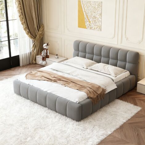 Cama matrimoniales 140x190 cm, cama doble, cama para adultos, cama de suelo, cama tapizada, estructura de cama con cabecero, lino, gris
