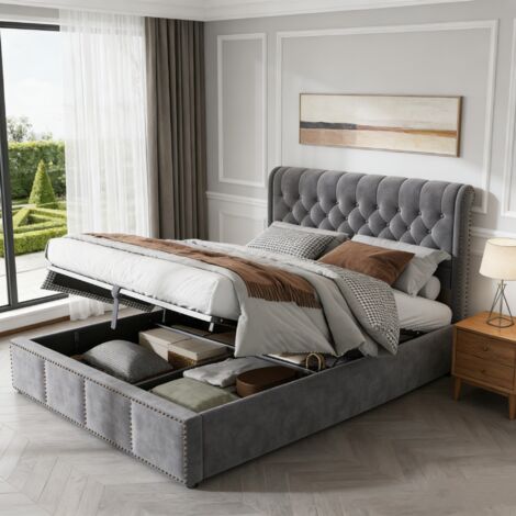 Cama matrimoniales 160x200, cama 160x200 con almacenamiento, cama adulto, cama tapizada, somier de láminas, diseño remachado, estilo moderno, tela terciopelo gris