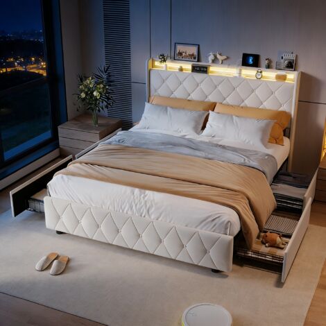 Cama 140x200 con cajones, cama 140x200, cama para adultos, cama matrimonio, cama tapizada, cabecero con luces LED, puerto de carga, terciopelo, beige