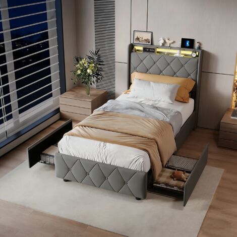 Cama 90x200 con cajones, cama 90x200, cama para adultos, cama individual, cama tapizada, cabecero con luces LED, puerto de carga, terciopelo, gris