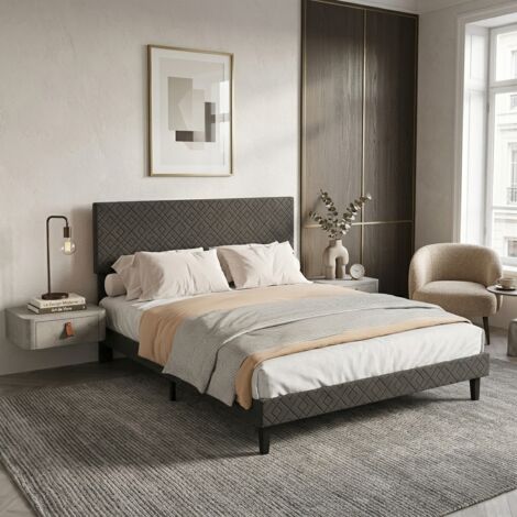 Cama matrimonio 140x200 cm de lino, cama para adulto, cama tapizada, con somier de láminas, cabecero de diseño geométrico, estilo moderno, gris
