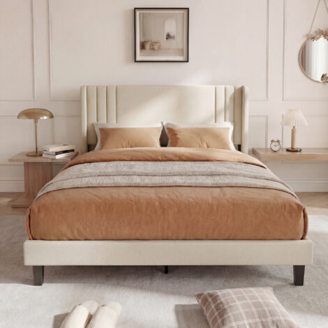 Cama 140x200, cama para adultos 140x200, cama matrimoniales, cama tapizada, con somier de láminas incluido, estructura robusta y montaje sencillo, tejido de lino, beige