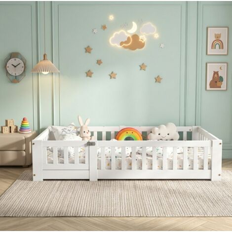 Cama infantil 80x160, Cama individual 80x160, Cama Montessori, Somier de lamas, con barandillas de seguridad y barrera extraíble, Pino macizo, blanco