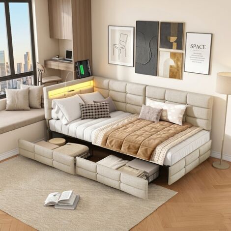 Cama 90x200, Cama 90x200 con cajones, Cama para adultos, Cama individual, Cama tapizada, Cama de invitados, con somier de láminas, iluminación LED y puertos USB, Tela de lino, Beige