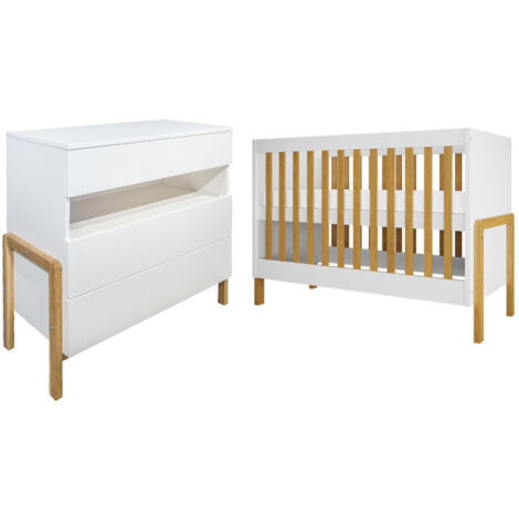 Cuna 60x120 y cómoda 3 cajones Kocot Kids Victor - Blanco y Roble