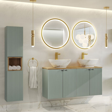 Conjunto de muebles doble lavabo 120cm 4 puertas y columna Jade Verde y Madera