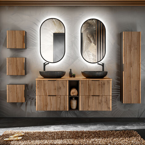 Conjunto de muebles con doble lavabo 140cm 2 compartimientos columna y 3 armarios de pared Gaia Madera y Negro - Lavabo