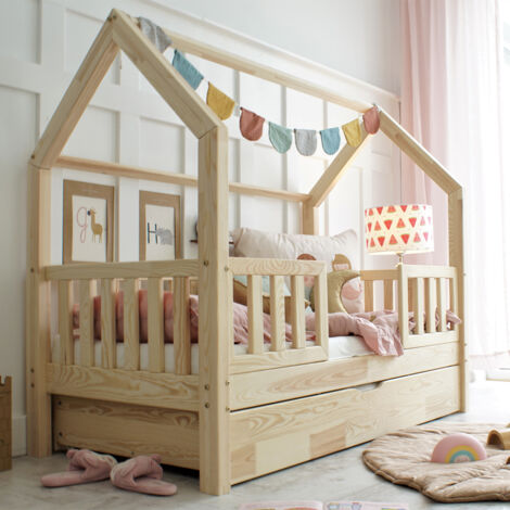Cama cabaña 90x190 con barandilla somier y cajón Daisy Madera