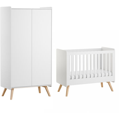 Lit bébé 60x120 et armoire 2 portes Vox Vintage Blanc et Bois