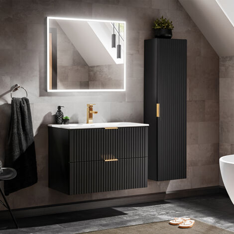 Conjunto de muebles con lavabo individual encastrado 80cm espejo LED y columna Adriel Negro