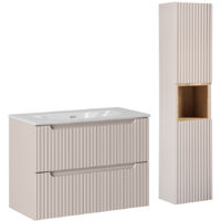Conjunto de muebles con lavabo individual encastrado 80cm 2 cajones y columna Riva Cachemira y Madera