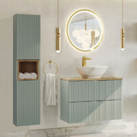 Conjunto de muebles lavabo individual 80cm 2 cajones y columna Verde Jade y Madera