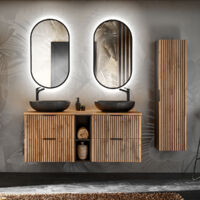 Conjunto de muebles con doble lavabo 140cm 2 compartimientos y columna Gaia Madera y Negro - Lavabo Negro
