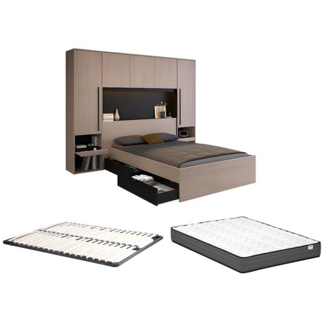 Vente-Unique – Lit pont 140 x 190 cm avec rangements – 2 tiroirs et 4 niches – Avec LEDs multicolores – Sommier cadre à lattes et matelas inclus